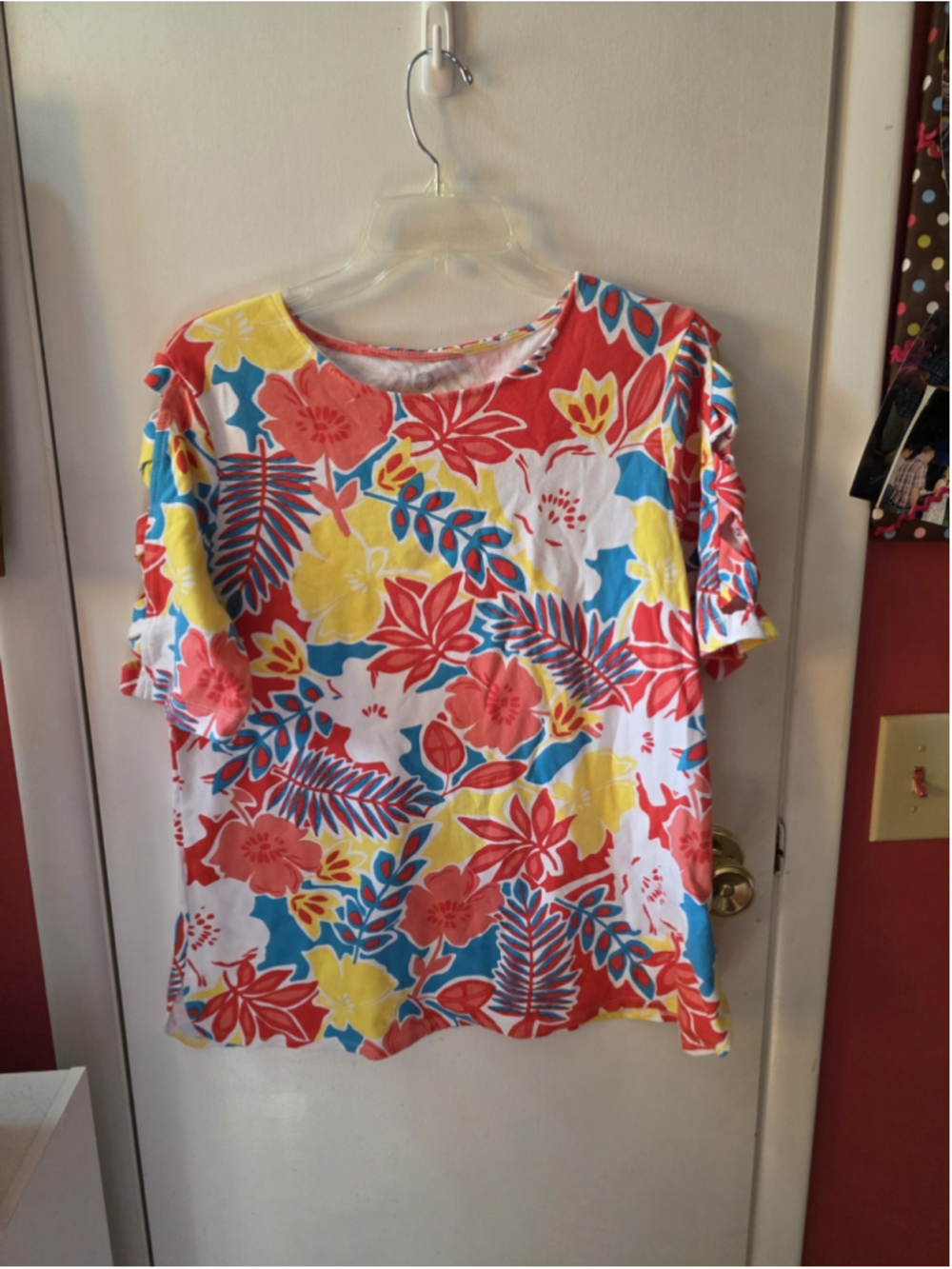 Ruby Rd. Medium Tee Palm Floral Tropical T-Shirt Lattice Sleeve
